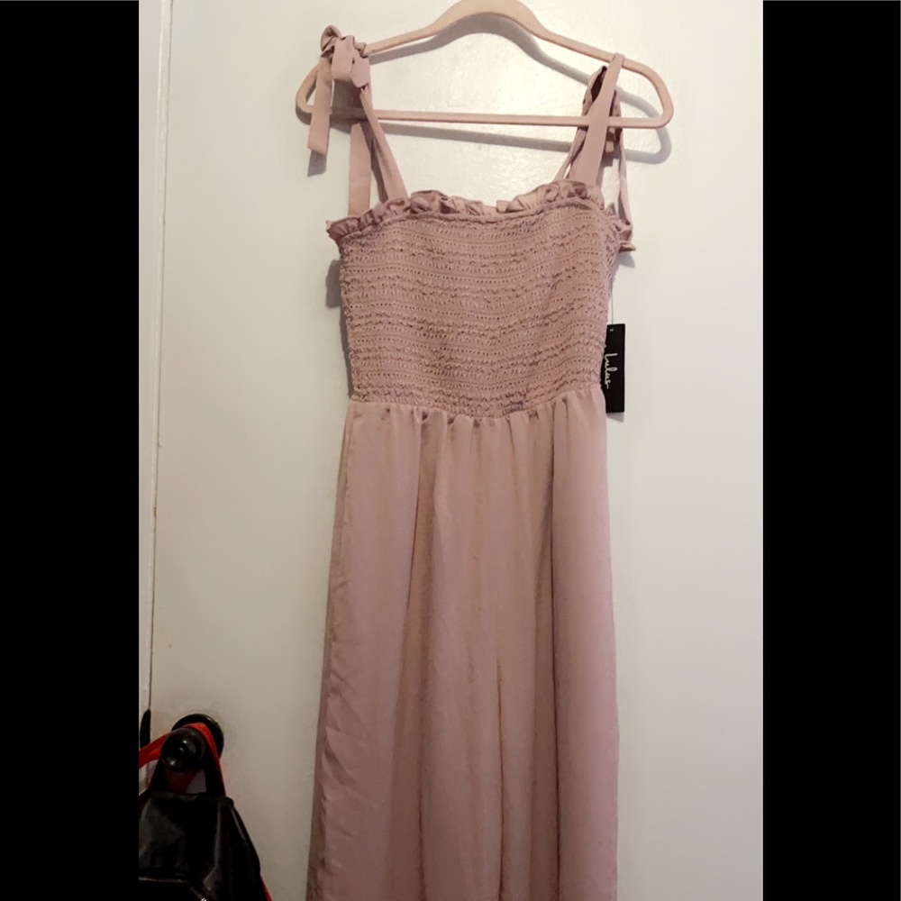 Lulus Blush Pink Wide Leg Jumpsuit with knot tie detailing on strap